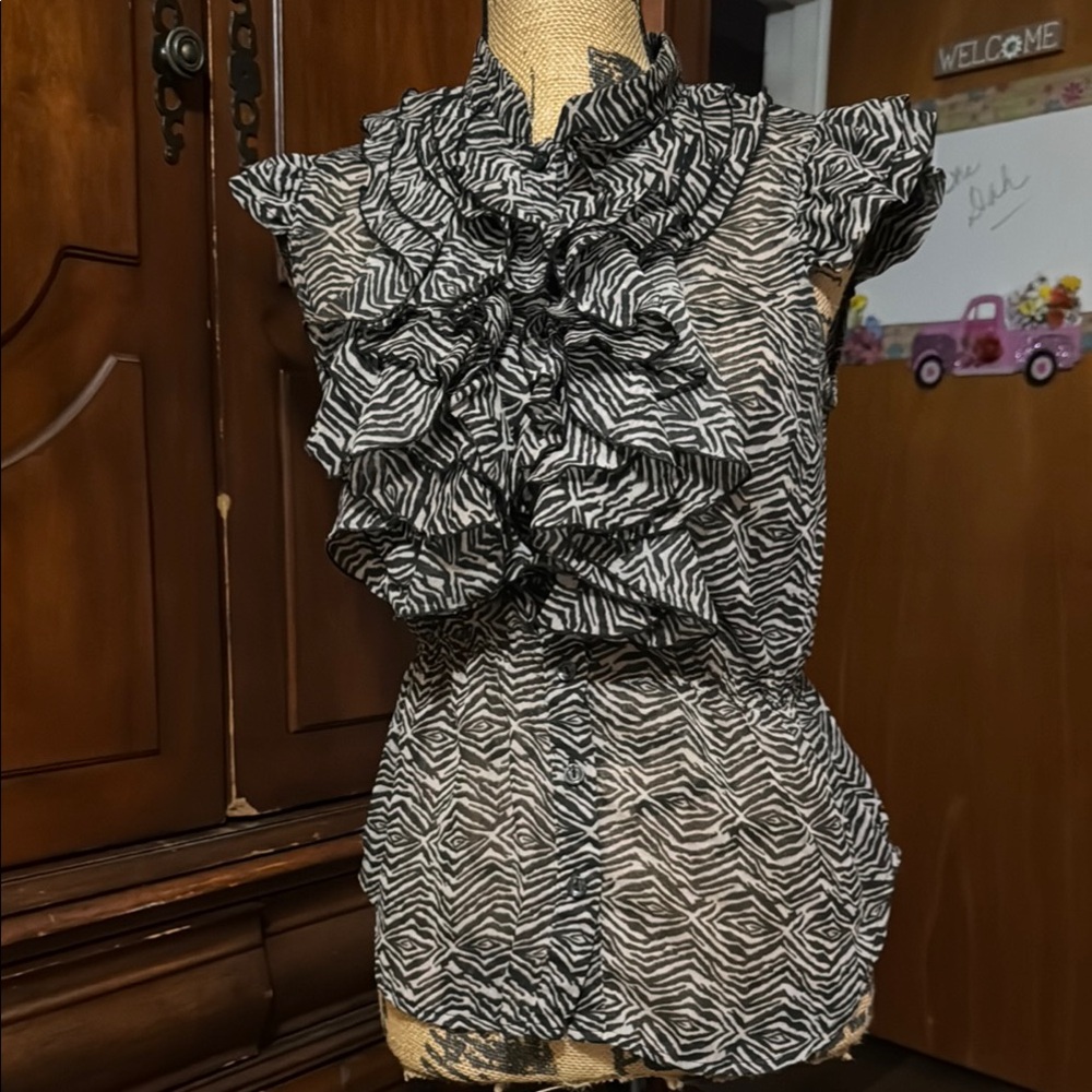 Miley Cyrus & Max Azria Black and White Ruffled Blouse